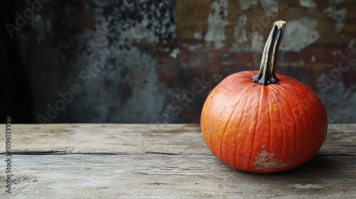 Vibrant Halloween pumpkin with a textured surface resting on a weathered wooden table against a rustic backdrop.