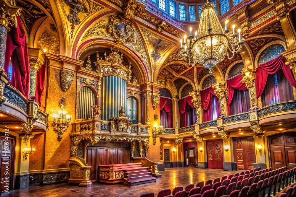 Fototapeta premium Surreal Old Auditorium Organ Gold Velvet AI Photo