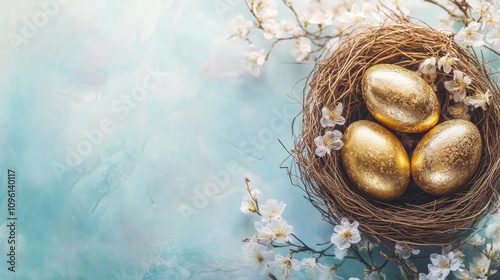 Golden Easter eggs in a rustic nest surrounded by delicate flowers on a soft blue background, perfect for cheerful holiday designs and promotional materials photo