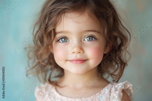 childhood innocence, sweet, innocent child with wide, curious eyes and a gentle smile against a soft pastel backdrop