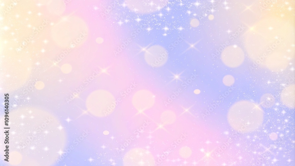 Glittering gradient background with hologram effect and magic lights. Holographic abstract fantasy backdrop with fairy sparkles, gold stars and festive blurs. Glittering background effect and magic
