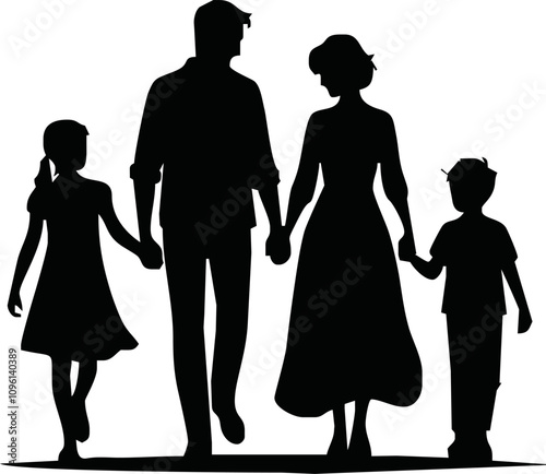 Family silhouettes. Father and mother walking with children