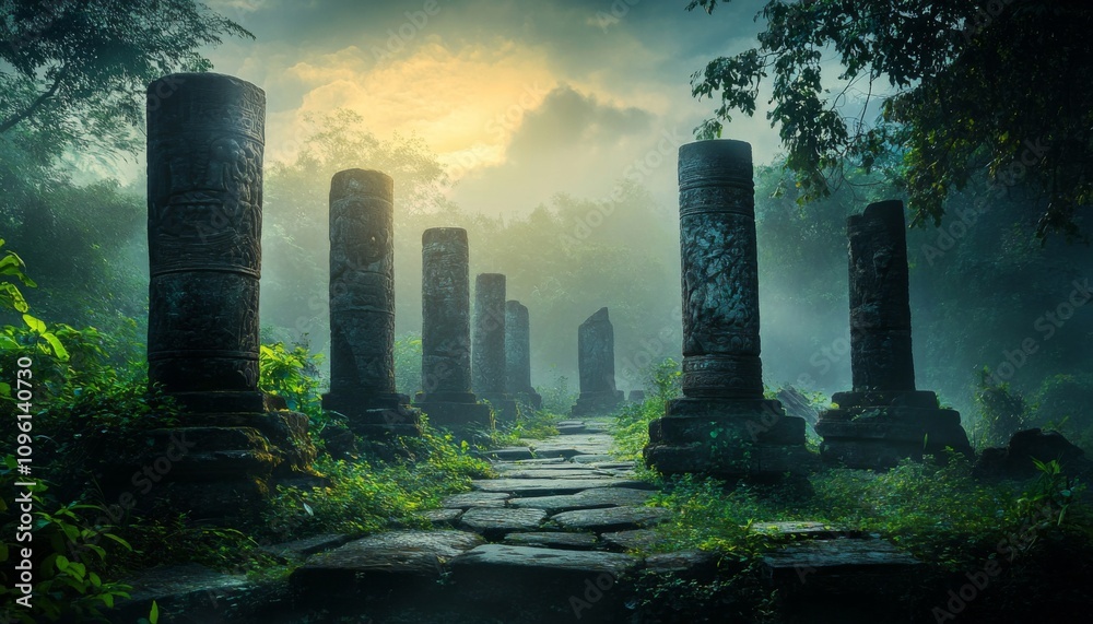 Enigmatic ancient stone pillars in a lush forest setting, bathed in sunlight with intricate carvings and serene atmosphere. Enigmatic ancient stone pillars in a lush forest setting, bathed in sunlight with intricate carvings and serene atmosphere.