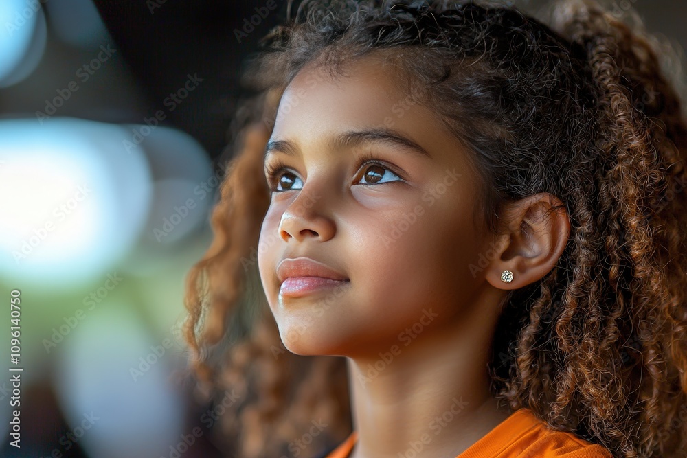 Inspiring young girl with curly hair looking forward in natural light Inspiring young girl with curly hair looking forward in natural light