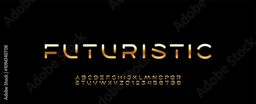 Golden font, digital cyber alphabet made gold style, letters A, B, C, D, E, F, G, H, I, J, K, L, M, N, O, P, Q, R, S, T, U, V, W, X, Y, Z and numerals 0, 1, 2, 3, 4, 5, 6, 7, 8, 9.
