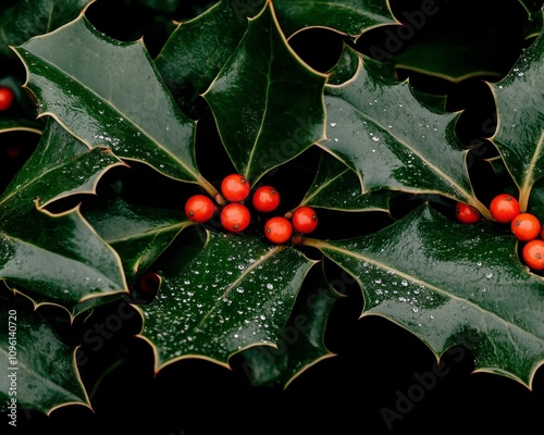 Lush green holly leaves with vibrant red berries and water droplets. photo