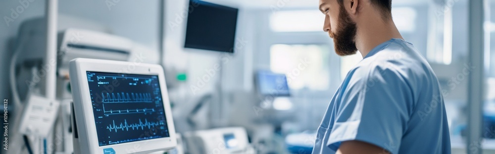 A healthcare professional in scrubs observes patient vitals on a monitor in a well-equipped medical facility. The environment is clean, organized, and focused on patient care A healthcare professional in scrubs observes patient vitals on a monitor in a well-equipped medical facility. The environment is clean, organized, and focused on patient care