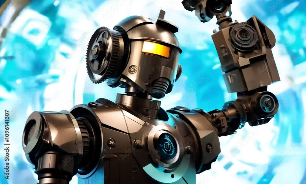 Steampunk humanoid robot standing. sci-fi abstract background. Generative AI Steampunk humanoid robot standing. sci-fi abstract background. Generative AI