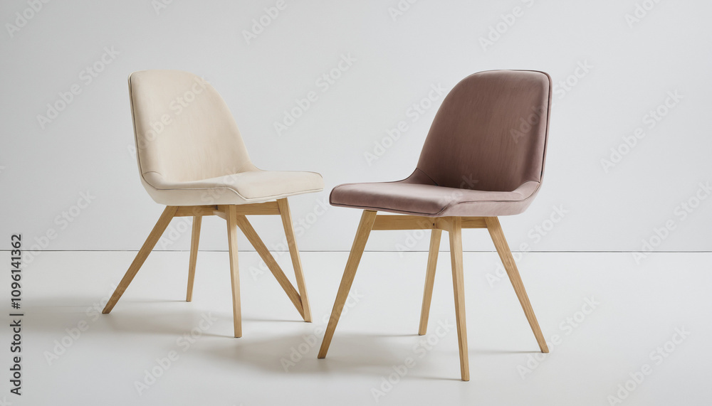 Set of beige and brown upholstered chairs with wooden legs, designed for elegant and contemporary interiors. Set of beige and brown upholstered chairs with wooden legs, designed for elegant and contemporary interiors.