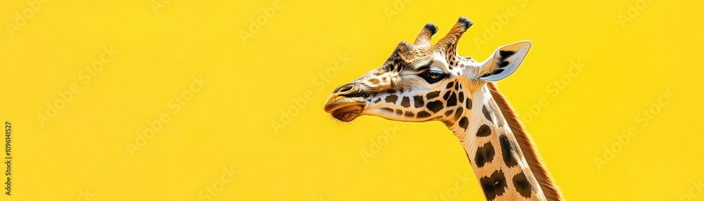 A close-up of a giraffe's head against a vibrant yellow background. A close-up of a giraffe's head against a vibrant yellow background.
