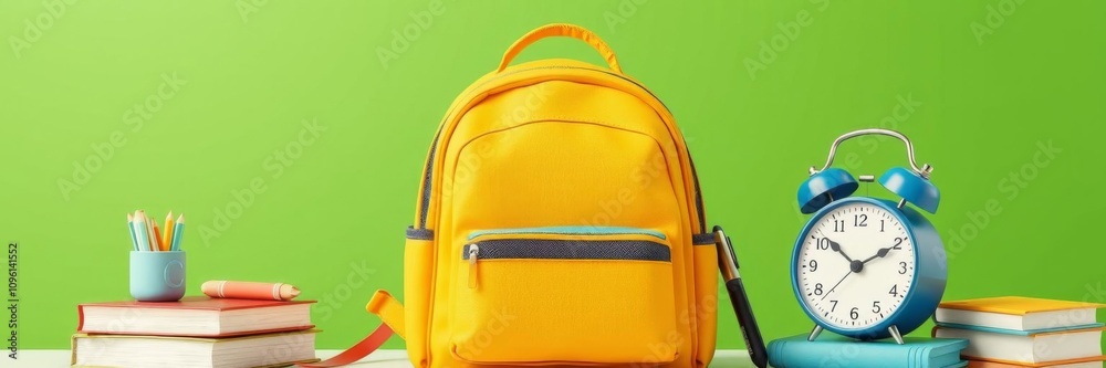 Yellow backpack featuring an alarm clock, ruler, pencils, and notebooks on a vibrant green background in a 3D rendering, perfect for back to school concepts, creative, print media, school equipment Yellow backpack featuring an alarm clock, ruler, pencils, and notebooks on a vibrant green background in a 3D rendering, perfect for back to school concepts, creative, print media, school equipment