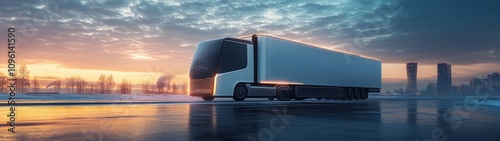 Modern truck parked in an urban setting during a scenic sunset. Ideal for transportation and logistics themes. photo