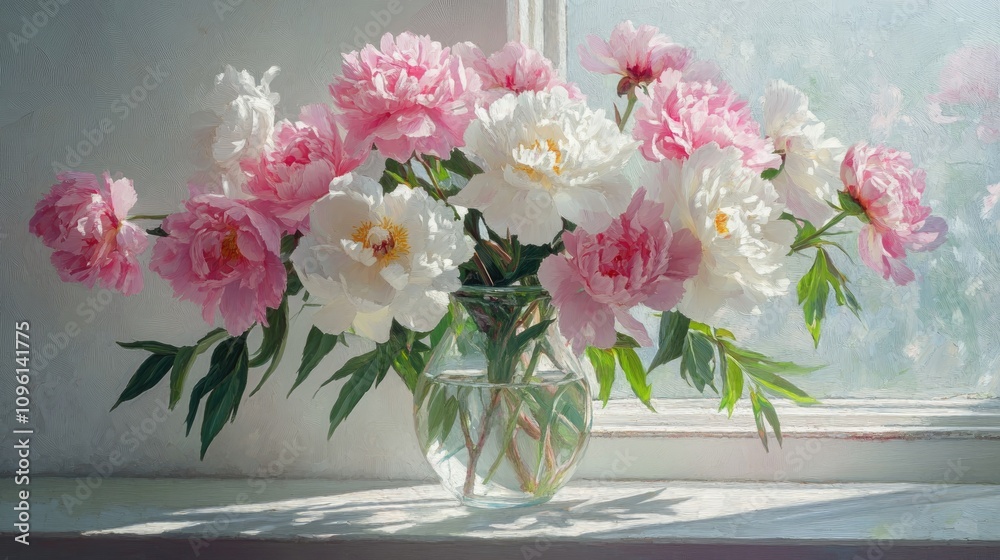 Vibrant pink and white peonies in a clear vase on a sunlit windowsill, creating an elegant floral display perfect for presentations or product showcases Vibrant pink and white peonies in a clear vase on a sunlit windowsill, creating an elegant floral display perfect for presentations or product showcases
