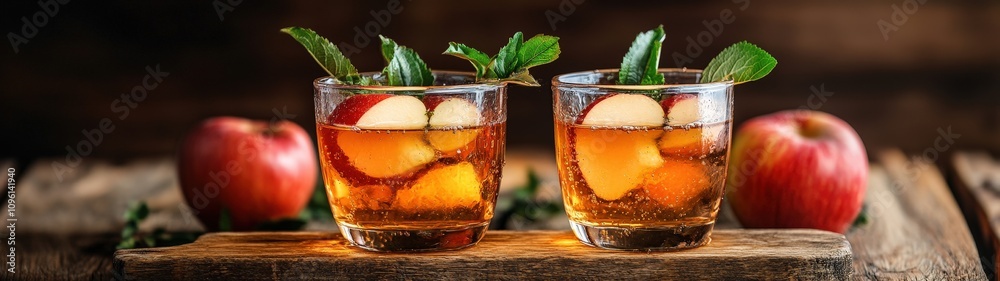 Refreshing apple cocktail served in elegant glasses, garnished with mint leaves for a vibrant and inviting drink experience. Refreshing apple cocktail served in elegant glasses, garnished with mint leaves for a vibrant and inviting drink experience.