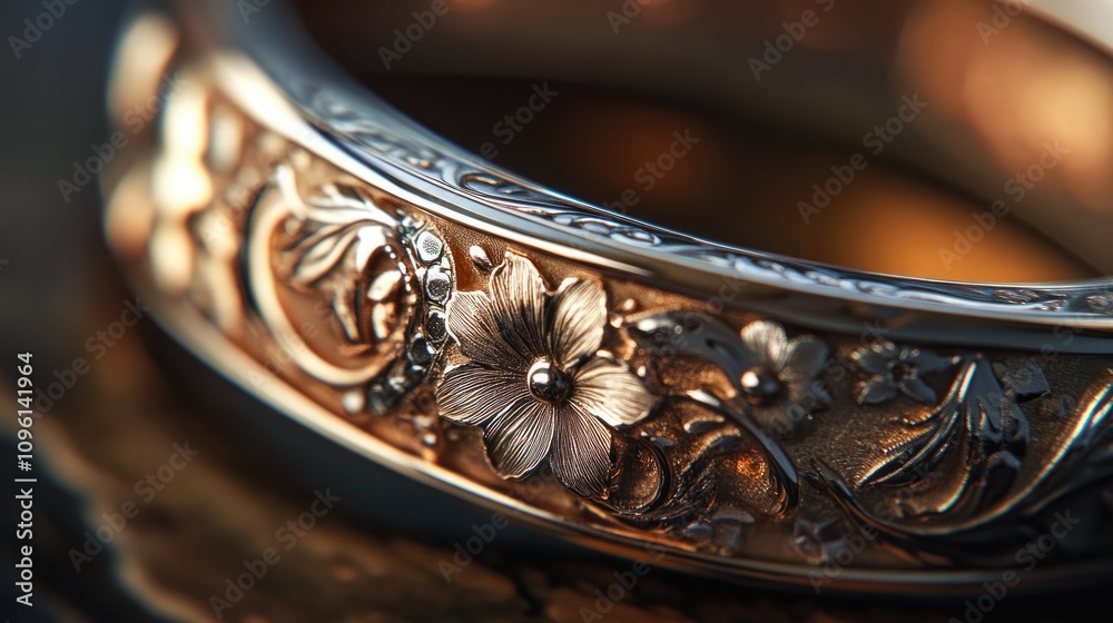 Intricate Floral Laser Engraving on Elegant Jewelry Ring Showcasing Exquisite Details and Textures in Metalwork Intricate Floral Laser Engraving on Elegant Jewelry Ring Showcasing Exquisite Details and Textures in Metalwork