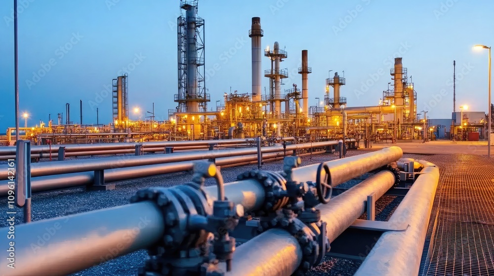 Industrial Oil Refinery at Dusk with Pipes and Machinery Illuminated in Orange and Blue Light Against a Clear Evening Sky Industrial Oil Refinery at Dusk with Pipes and Machinery Illuminated in Orange and Blue Light Against a Clear Evening Sky