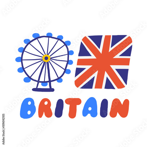 Cute England, english, UK, United Kingdom objects, composition with hand drawn doodle Ferris wheel, national country flag, lettering text. Tourist, travel, education signs