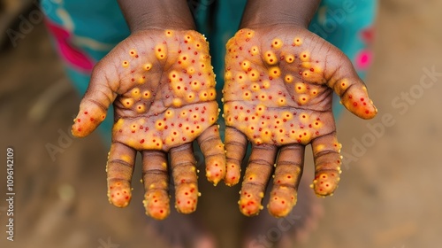 Hands with monkeypox rash showcasing the distinctive lesions associated with MPXV, emphasizing the serious nature of the infectious disease outbreak. photo