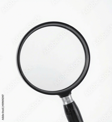 The image displays a magnifying glass with a round, clear lens and a black handle. It is positioned against a neutral background. There are no texts or additional objects visible in the image.


