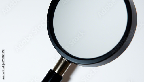 The image displays a magnifying glass with a round, clear lens and a black handle. It is positioned against a neutral background. There are no texts or additional objects visible in the image.

