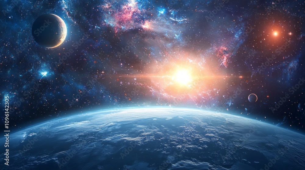 Obraz premium Stunning view of an exoplanet, its moon, and a vibrant nebula in deep space.