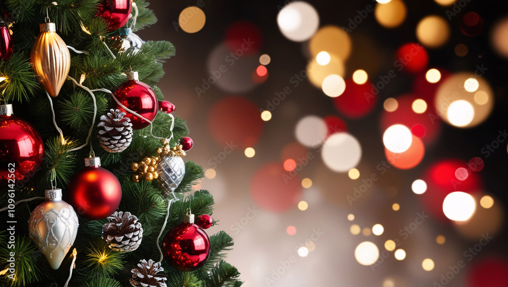 christmas tree decorated with ornaments and surrounded by lush green branches, creating a festive and classic holiday look christmas tree decorated with ornaments and surrounded by lush green branches, creating a festive and classic holiday look