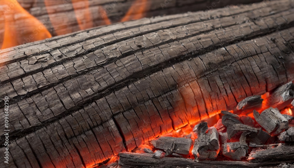 Burnt Wood Texture with Glowing Embers Featuring Charred Details and Vibrant Orange Highlights for Creative Designs, Rustic Backgrounds, or Fiery Themes
