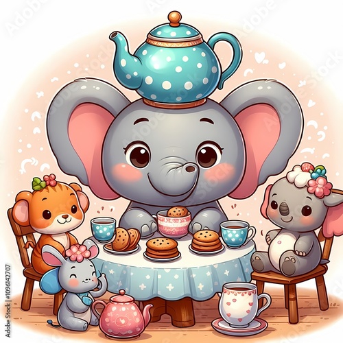 A charming elephant with a big reapot on its head, hosting a tea party with its friends, sitting around a table with cookis and tea, cartoon, wahite background photo