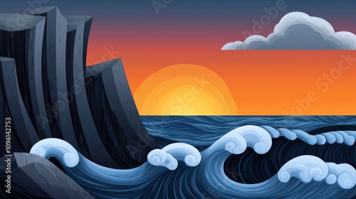 Sunset over ocean, waves crashing on rocks
