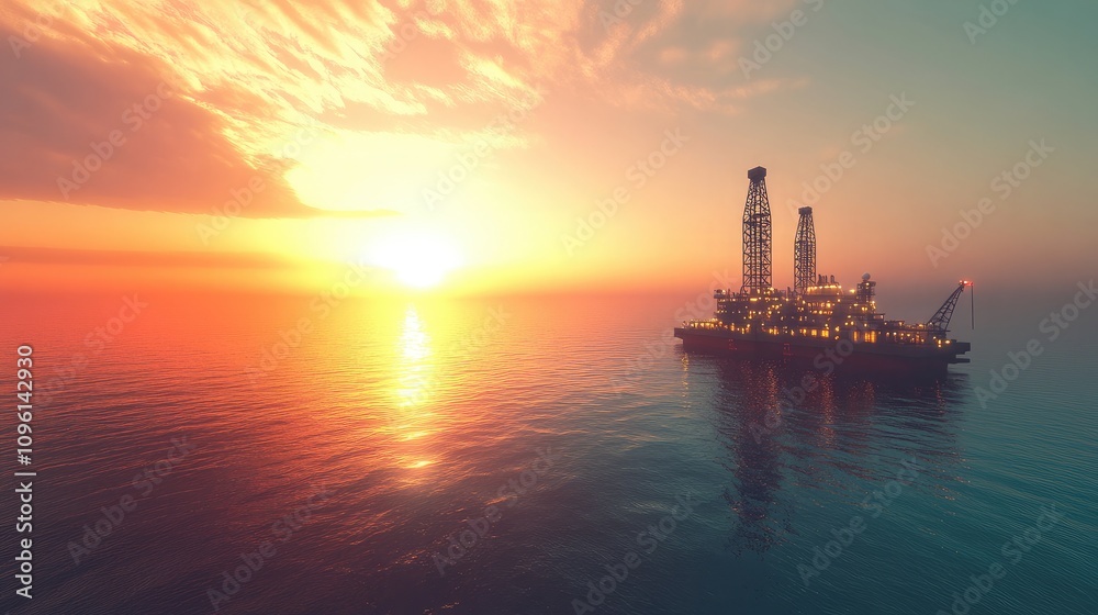Majestic Offshore Oil Rig at Sunset Reflecting in Calm Waters with Dramatic Sky and Vibrant Colors, Symbolizing Energy and Exploration in Oceanic Environments