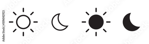 Sun moon vector icon set, day and night sign, dark and light mode icon, shining sun and crescent noon, screen brightness icon, vector illustration on transparent background