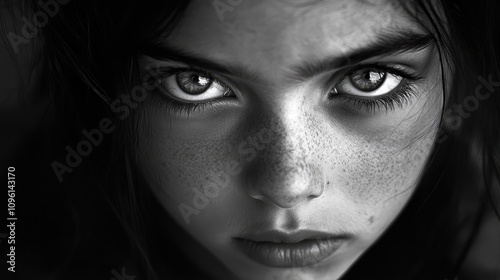 Melancholic teenage girl with striking, expressive eyes and freckles, staring intensely into the camera in a monochromatic portrait.