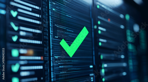 A digital interface displays a green checkmark, symbolizing successful data validation or confirmation.