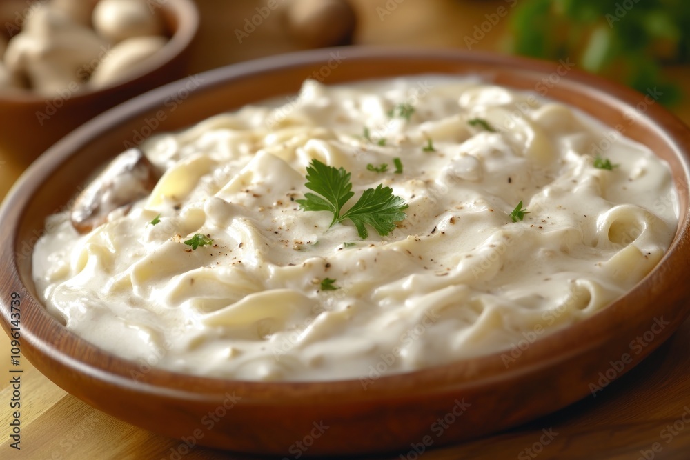 Creamy fettuccine pasta served in a wooden bowl, garnished with parsley. Creamy fettuccine pasta served in a wooden bowl, garnished with parsley.