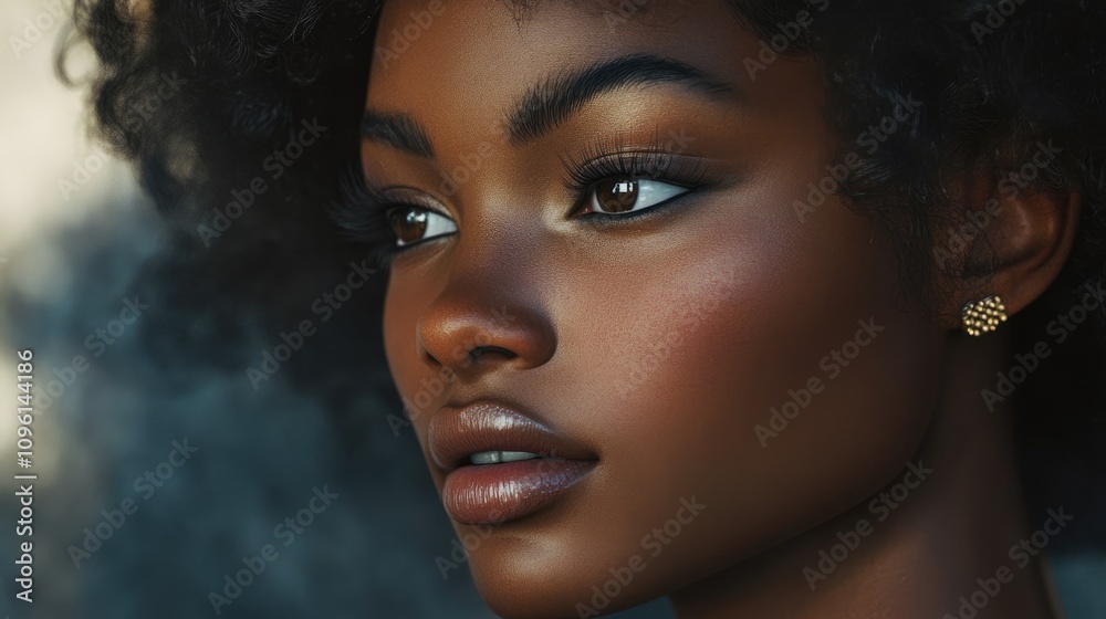 Close-up portrait of a black female model with natural, voluminous curls highlighting radiant skin and elegant makeup against a soft background Close-up portrait of a black female model with natural, voluminous curls highlighting radiant skin and elegant makeup against a soft background