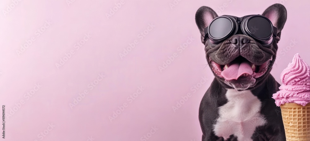 A happy dog wearing sunglasses beside a pink ice cream cone against a pastel background. A happy dog wearing sunglasses beside a pink ice cream cone against a pastel background.