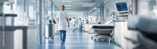 A healthcare professional in a white coat walks through a well-lit corridor of a modern hospital. Medical staff attend to patients, creating a dynamic atmosphere