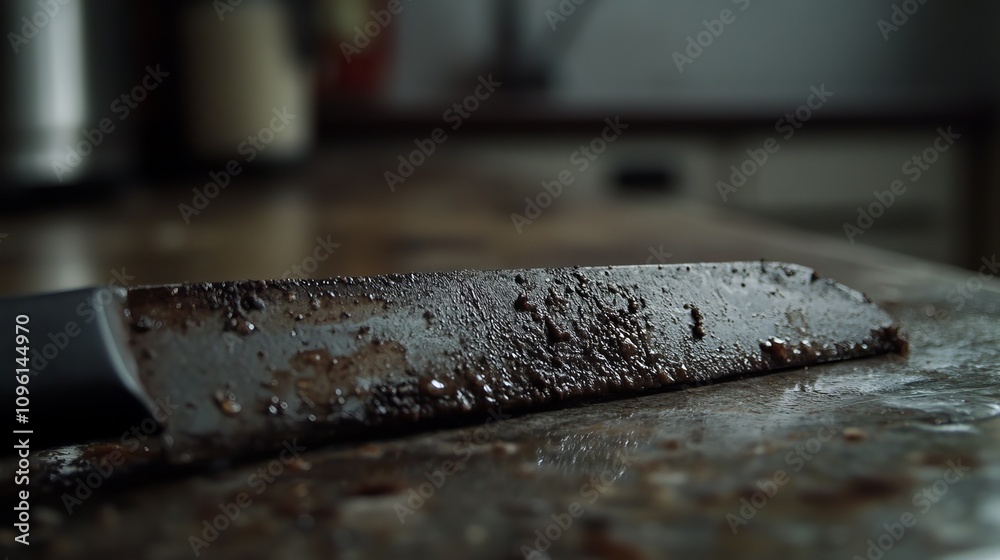 A close-up shot of a dirty kitchen knife with dried food particles on its surface. A close-up shot of a dirty kitchen knife with dried food particles on its surface.