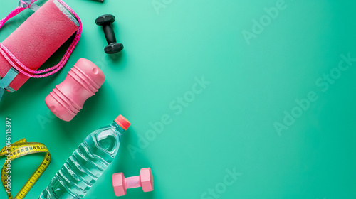 Active Living Concept: Top view photo of a sports mat, tape measure, pink bottle of water, skipping rope, and dumbbells on an isolated green background with empty space. photo