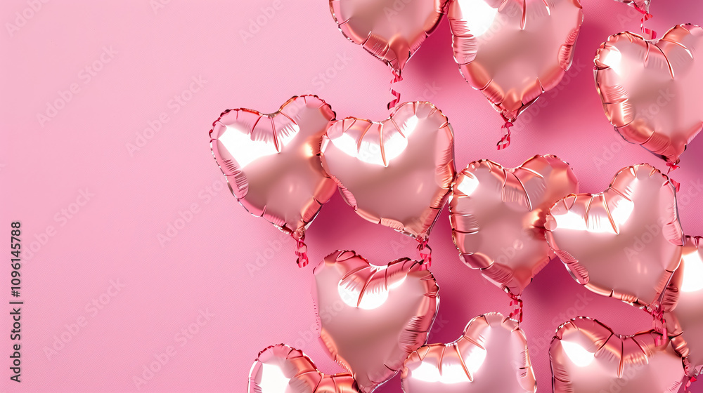 Air balloons in heart-shaped foil float against a pastel pink background, perfect for a love-themed celebration such as Valentine's Day or a wedding/bachelorette party. Air balloons in heart-shaped foil float against a pastel pink background, perfect for a love-themed celebration such as Valentine's Day or a wedding/bachelorette party.