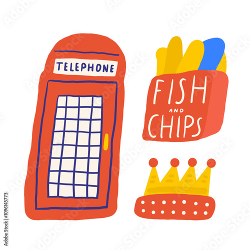 Cute England, english, UK, United Kingdom objects, composition with hand drawn doodle telephone booth, fish, chips, fast food, crown, dish, meal. Tourist, travel, education signs
