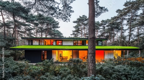 Modern house with a green roof surrounded by trees, showcasing contemporary architecture.