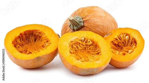 Ripe mini pumpkin cut in half showcasing vibrant orange flesh and seeds, with a whole pumpkin in the background against a white backdrop. photo