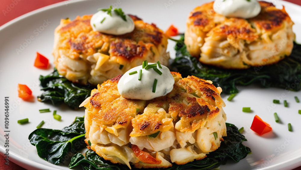 luxurious crab cakes served with collard greens and a drizzle of roasted garlic beurre blanc, offering a refined and flavorful dining experience luxurious crab cakes served with collard greens and a drizzle of roasted garlic beurre blanc, offering a refined and flavorful dining experience