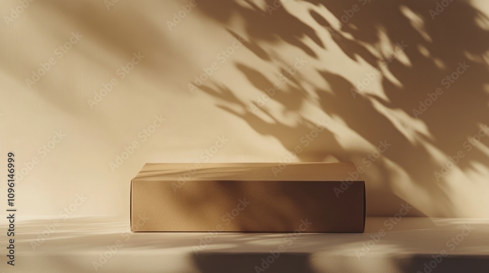 Rectangular cardboard packaging box on a subtle light background with soft shadows casting an artistic effect around it.