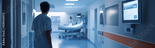 A nurse in scrubs walks down a brightly lit hospital corridor. A patient in bed is attended to by another staff member in a nearby room. The ambiance suggests late-night care