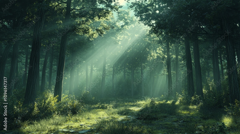 Sunbeams illuminate a mystical forest path, dappled light filtering through dense trees and undergrowth.