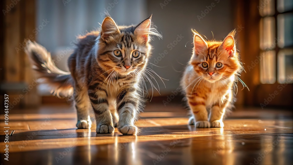 Silhouette of Two Cats, a Ginger Tabby and Grey Maine Coon, Poised to Pounce on a Small Bug Prey on Wooden Floor, Capturing the Essence of Pet Hunting Behavior in Home Environment Silhouette of Two Cats, a Ginger Tabby and Grey Maine Coon, Poised to Pounce on a Small Bug Prey on Wooden Floor, Capturing the Essence of Pet Hunting Behavior in Home Environment