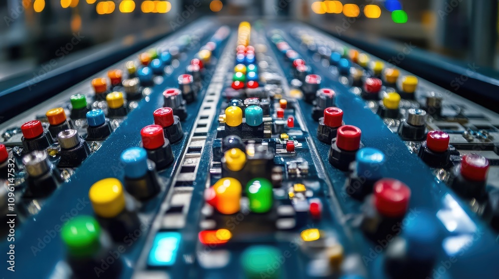 Close-up View of Colorful Control Panel with Buttons and Lights in a Modern Industrial Setting Showcasing Vibrant Technology and Engineering Precision Close-up View of Colorful Control Panel with Buttons and Lights in a Modern Industrial Setting Showcasing Vibrant Technology and Engineering Precision