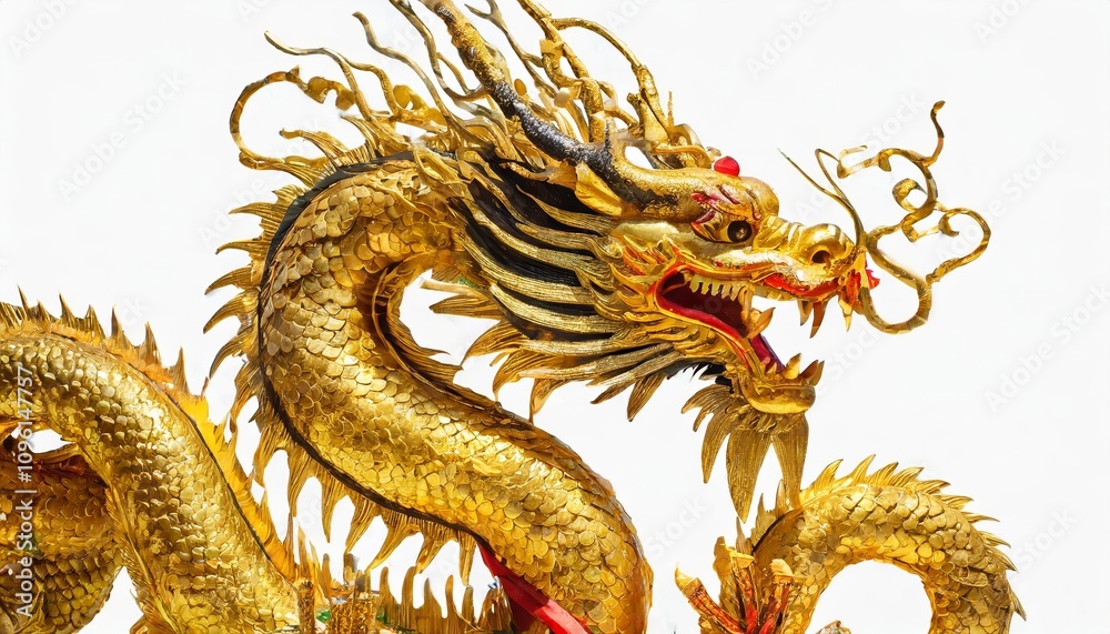 Golden Chinese dragon isolated on white background, symbolizing power, prosperity, and tradition in Chinese culture. This majestic golden dragon captures intricate details of classic Asian Golden Chinese dragon isolated on white background, symbolizing power, prosperity, and tradition in Chinese culture. This majestic golden dragon captures intricate details of classic Asian